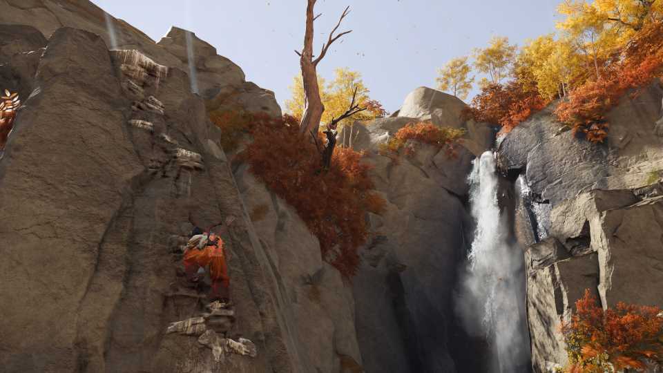 Climbing down a cliff in Ghost of Yotei