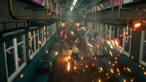 Cloud fighting in a train in Final Fantasy 7 Remake
