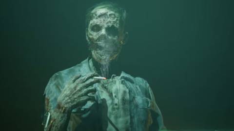 A rotting corpses puppeteered by machinery, holding a lit cigarette in The Dark Pictures Anthology