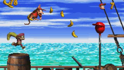 Diddy and Dixie at the end of the first level - Donkey Kong Country