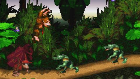 DK and Diddy fighting Kremlins in Level 1 - Donkey Kong Country
