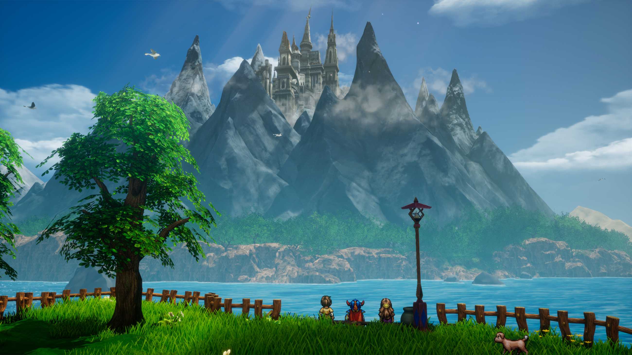 Dragon Quest 1 and 2 HD-2D remake characters looking out at castle