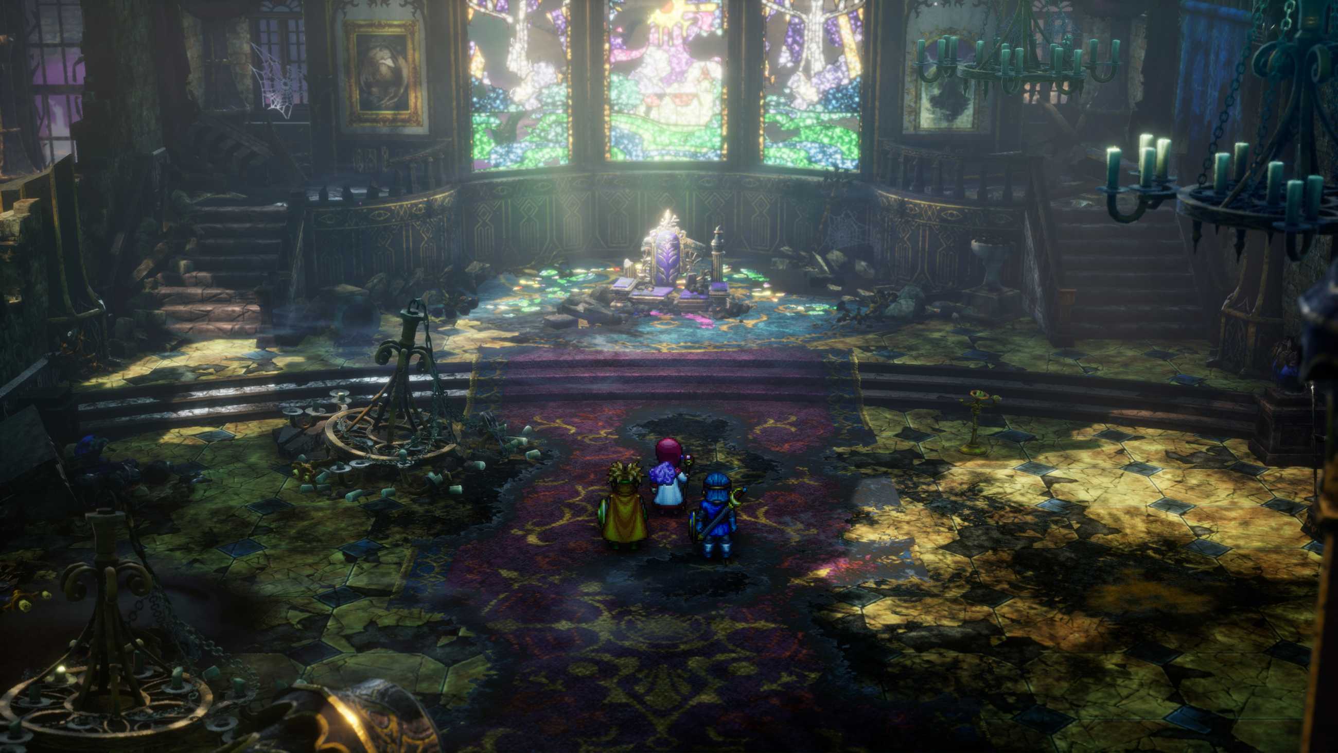 Dragon Quest 1 and 2 HD-2D Remake three characters in ruined throne room