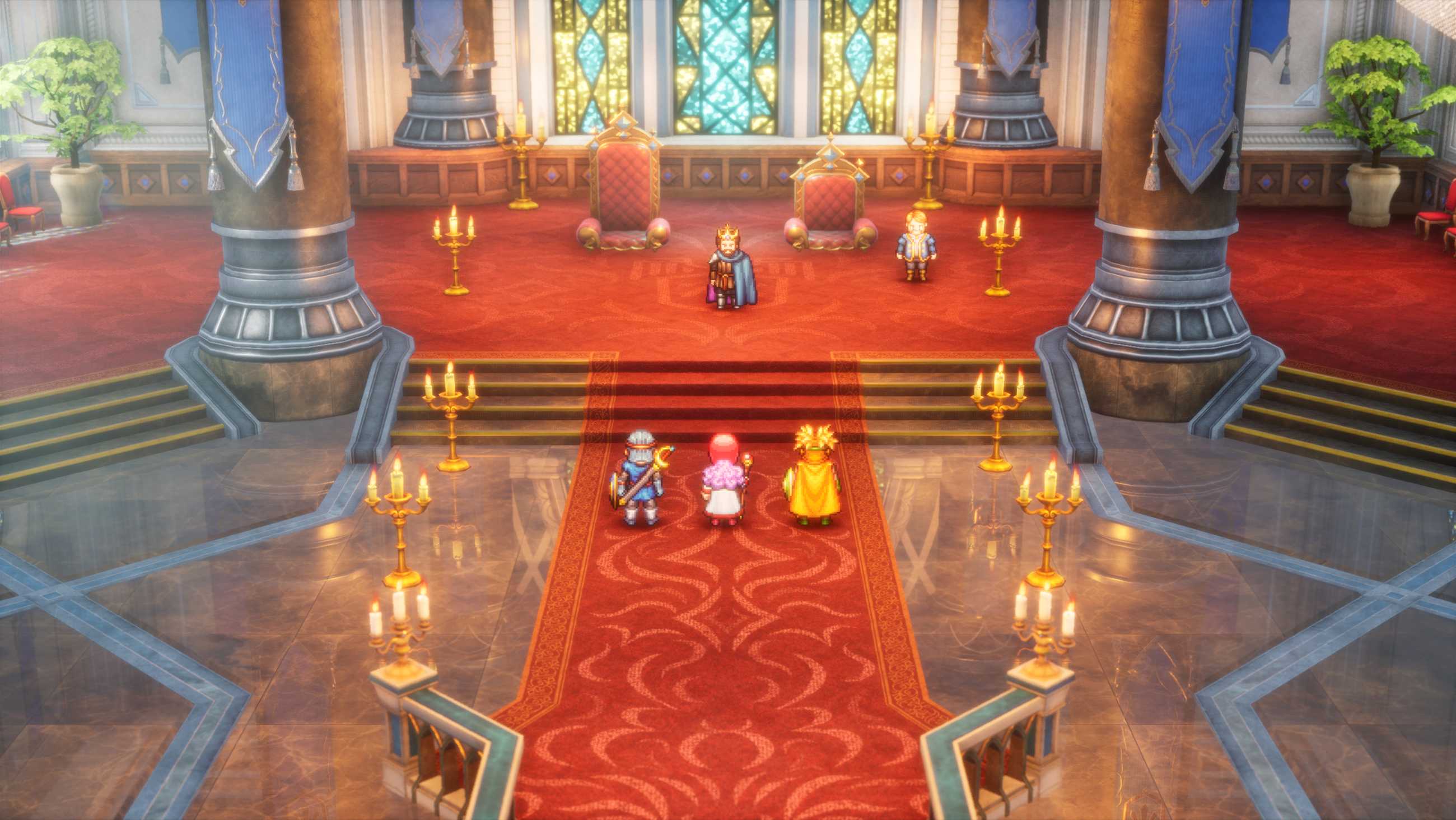 Dragon Quest 1 and 2 HD-2D Remake three characters meeting with king