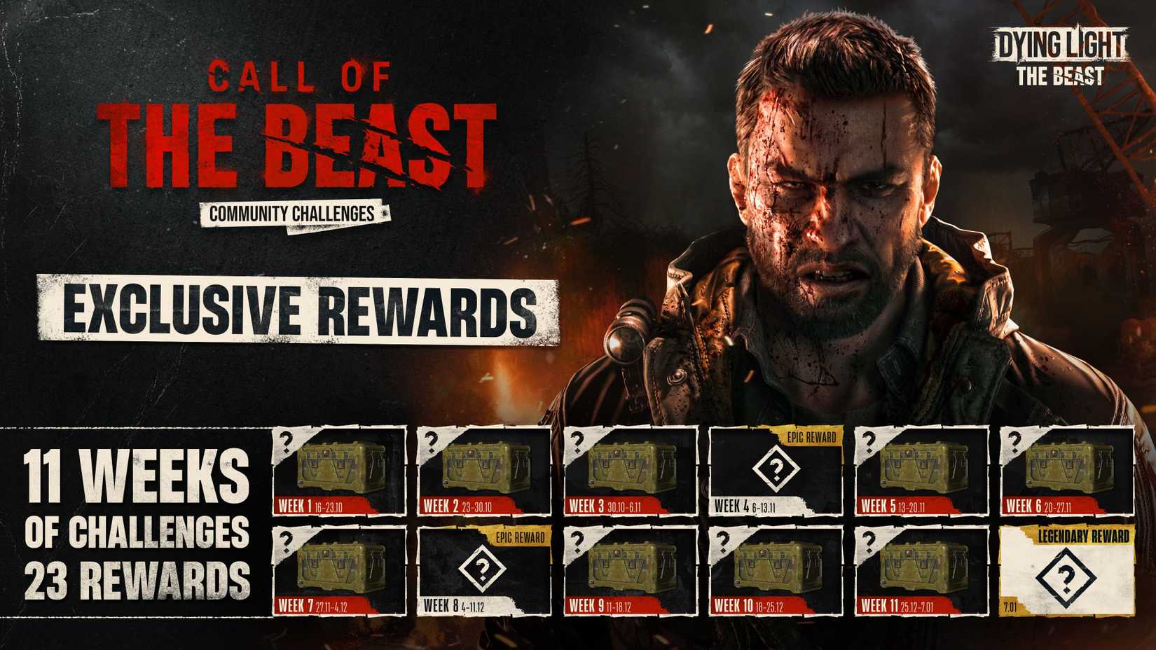 Dying Light The Beast Call of the Beast Community challenges the 11-week schedule from October 16th to January 7th.