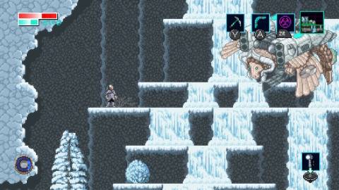 Facing a mini-boss in Axiom Verge 2