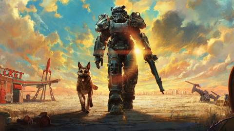 Fallout 4 Anniversary Edition artwork Dogmeat protagonist walking near Red Rocket Station sunset wasteland
