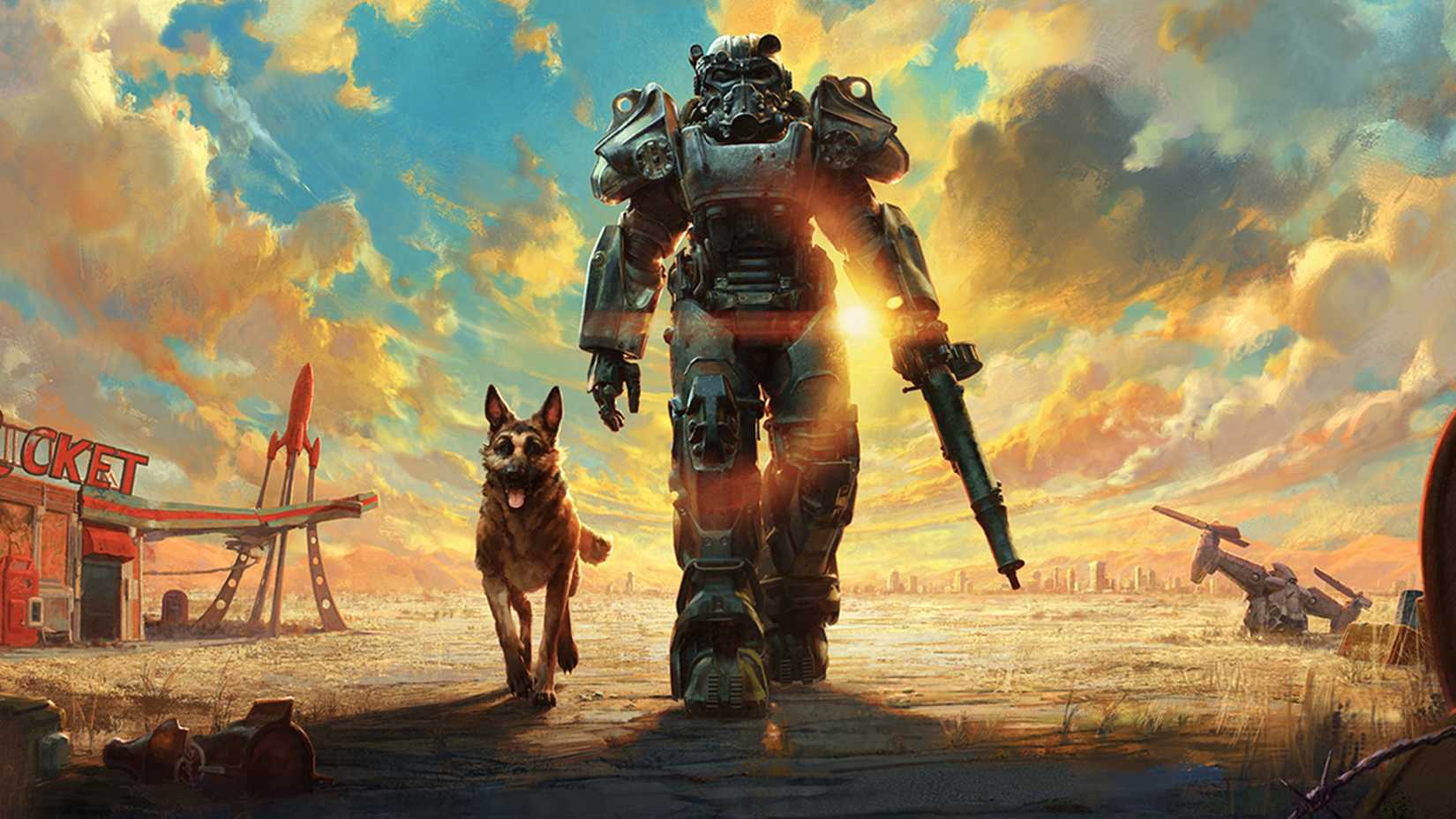 The sole survivor and Dogmeat walking towards Red Rocket station at sunset in the Fallout 4 wasteland.