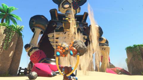 Fighting a skeleton boss in Astro Bot (2024)