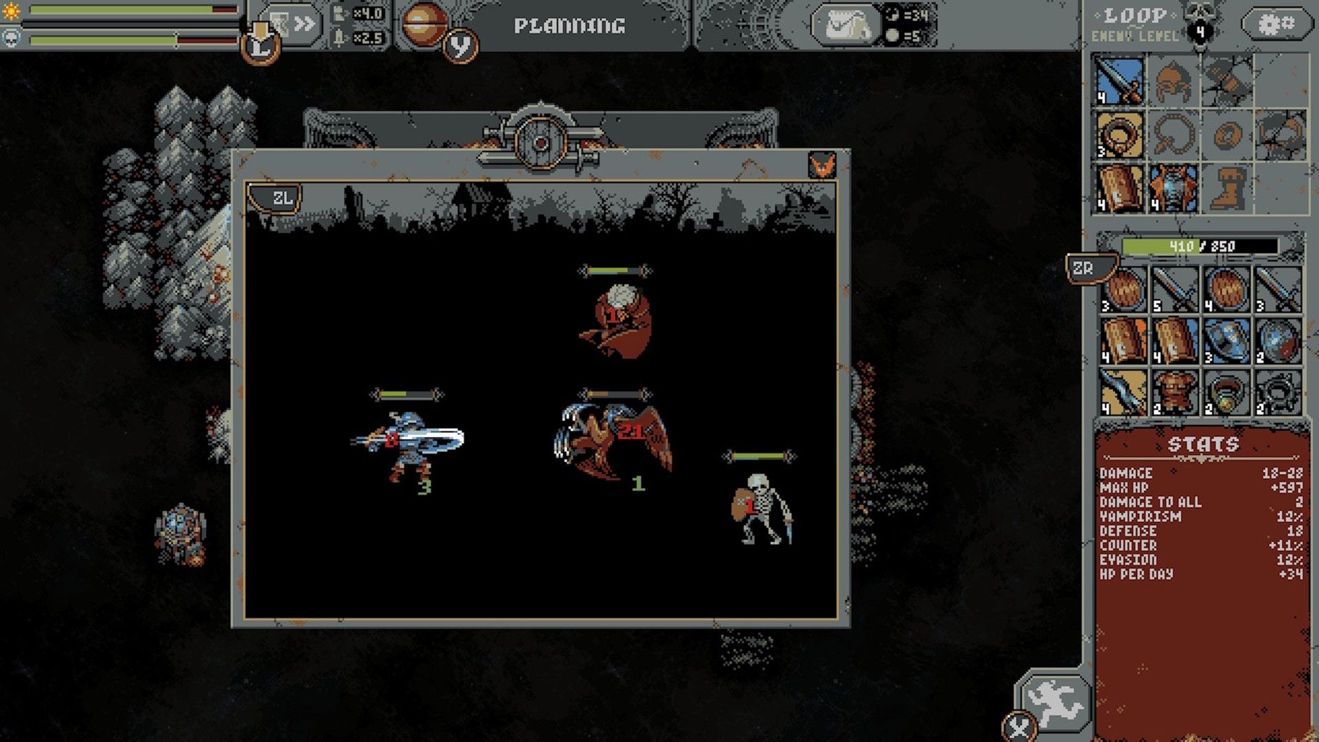 Fighting enemies in Loop Hero