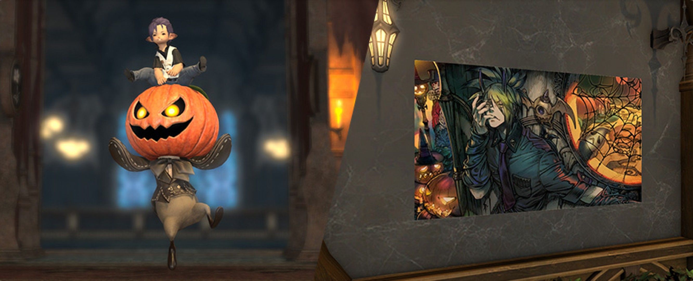 Recompensas do evento All Saints' Wake 2025 de Final Fantasy 14: mount Ambulario e pôster festivo
