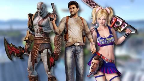 A collage of characters that are all hype, and little substance: Kratos from God of War, Nathan Drake from Uncharted and Juliet Starling from Lollipop Chainsaw.
