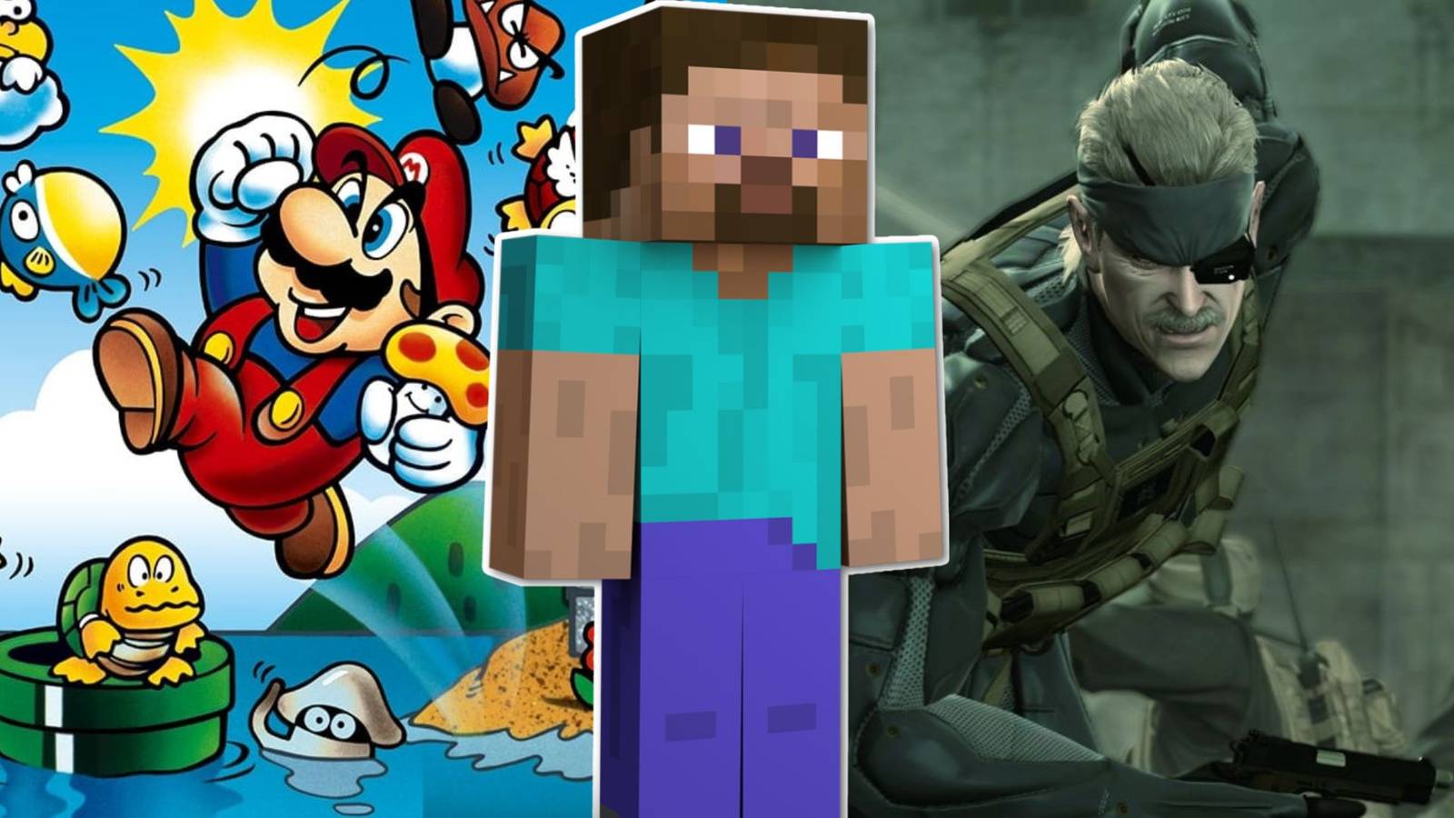 A collage of 3 (4) video games that will never be surpassed: Super Mario Bros., Minecraft (Super Smash Bros. Ultimate) and Metal Gear Solid 4: Guns of the Patriots.