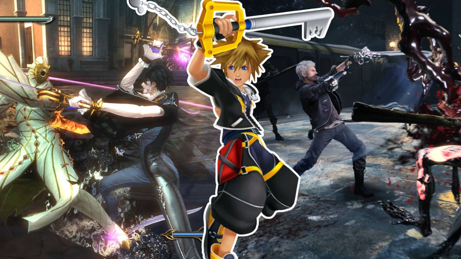A collage of games with satisfying combat systems: Bayonetta 2, Kingdom Hearts 2 and Devil May Cry 5.