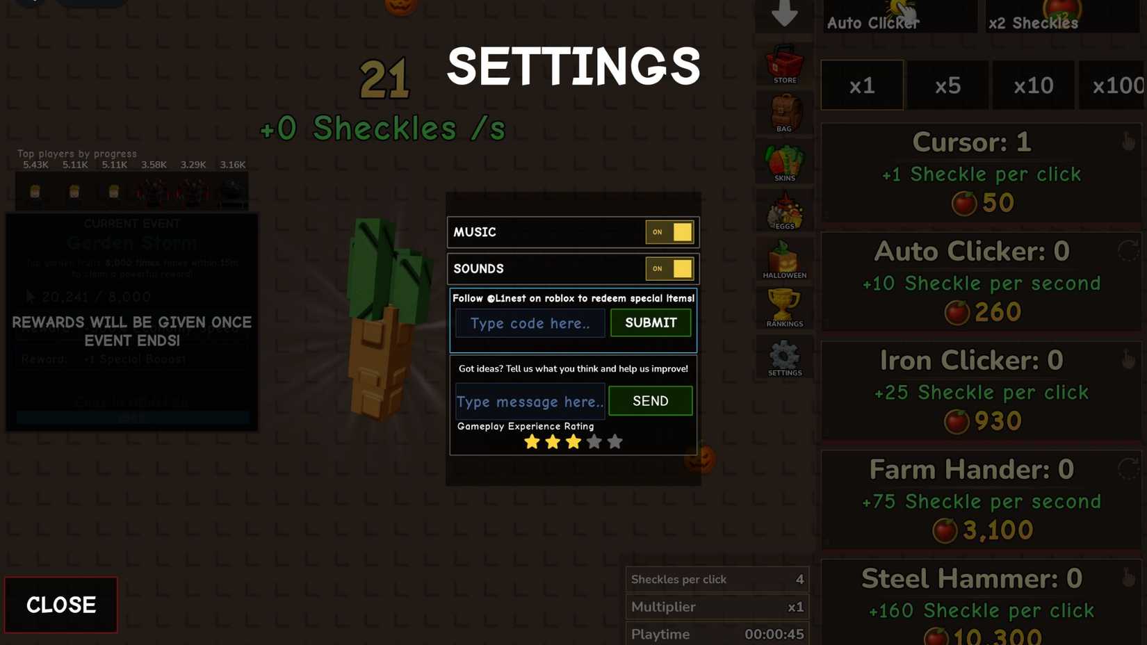 Garden Clicker the codes tab