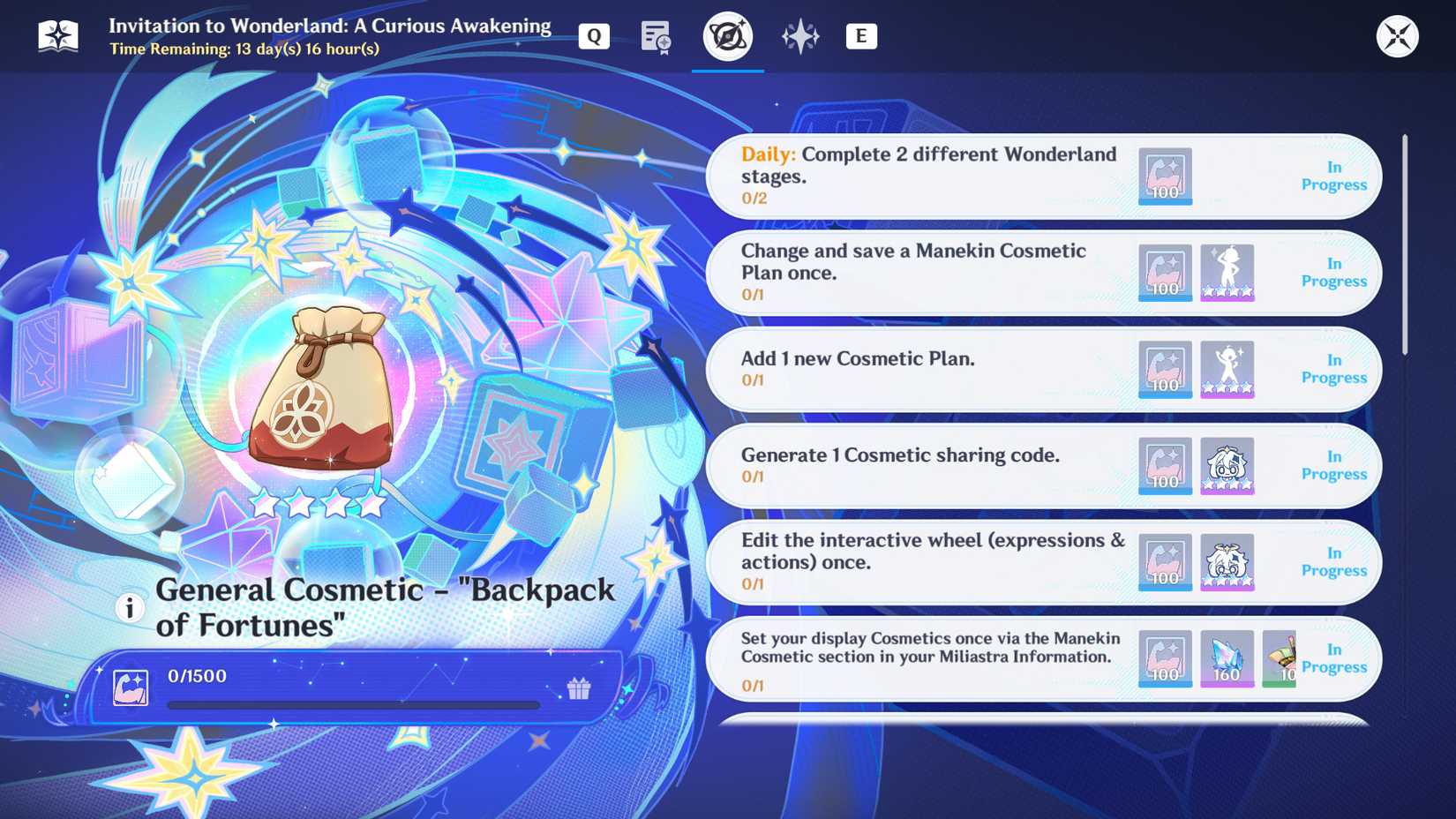 genshin-impact-miliastra-wonderland-invitation-curious-wakening-event - mannequin cosmetic plan code sharing interactive round expressions and actions display cosmetics