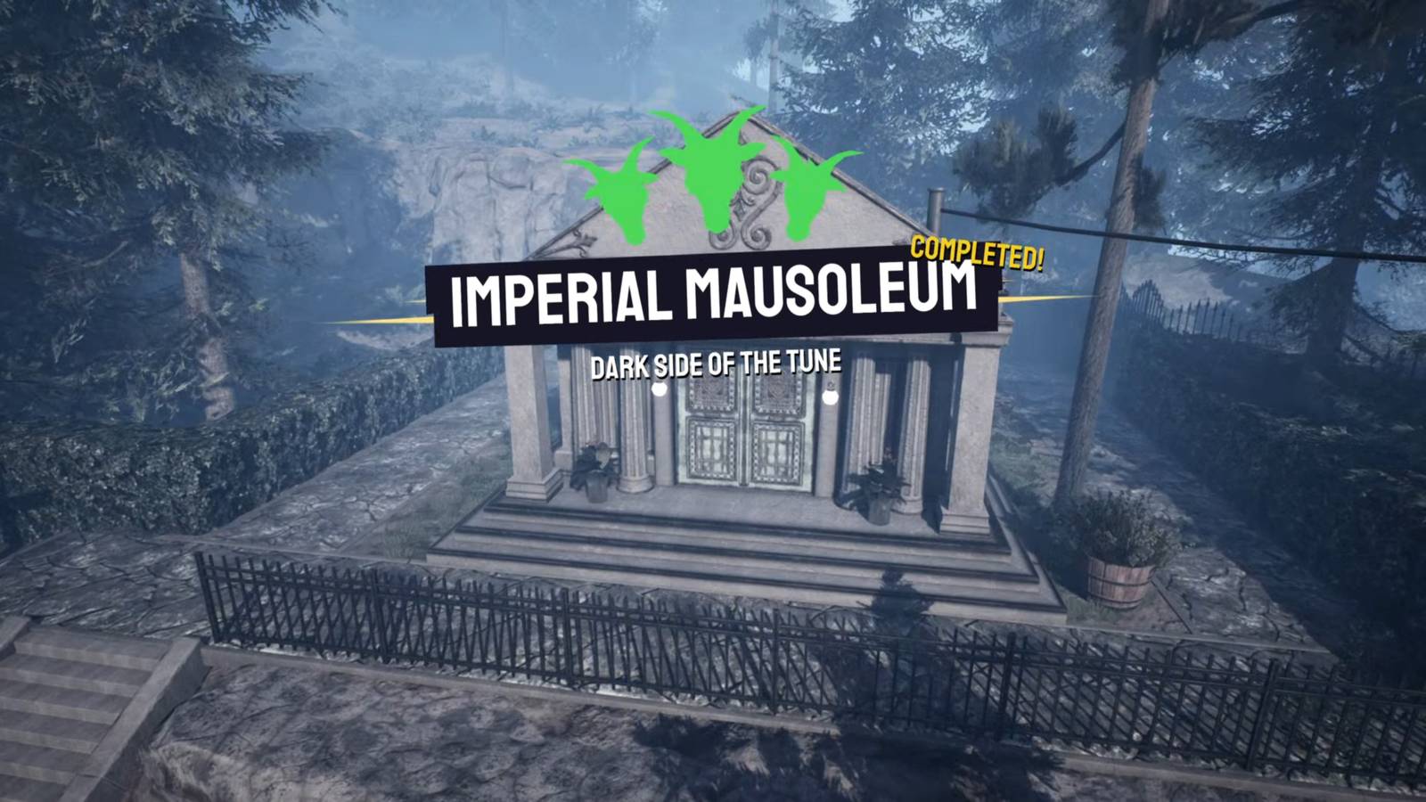 The completed screen for Goat Simulator 3's Imperial Mausoleum quest