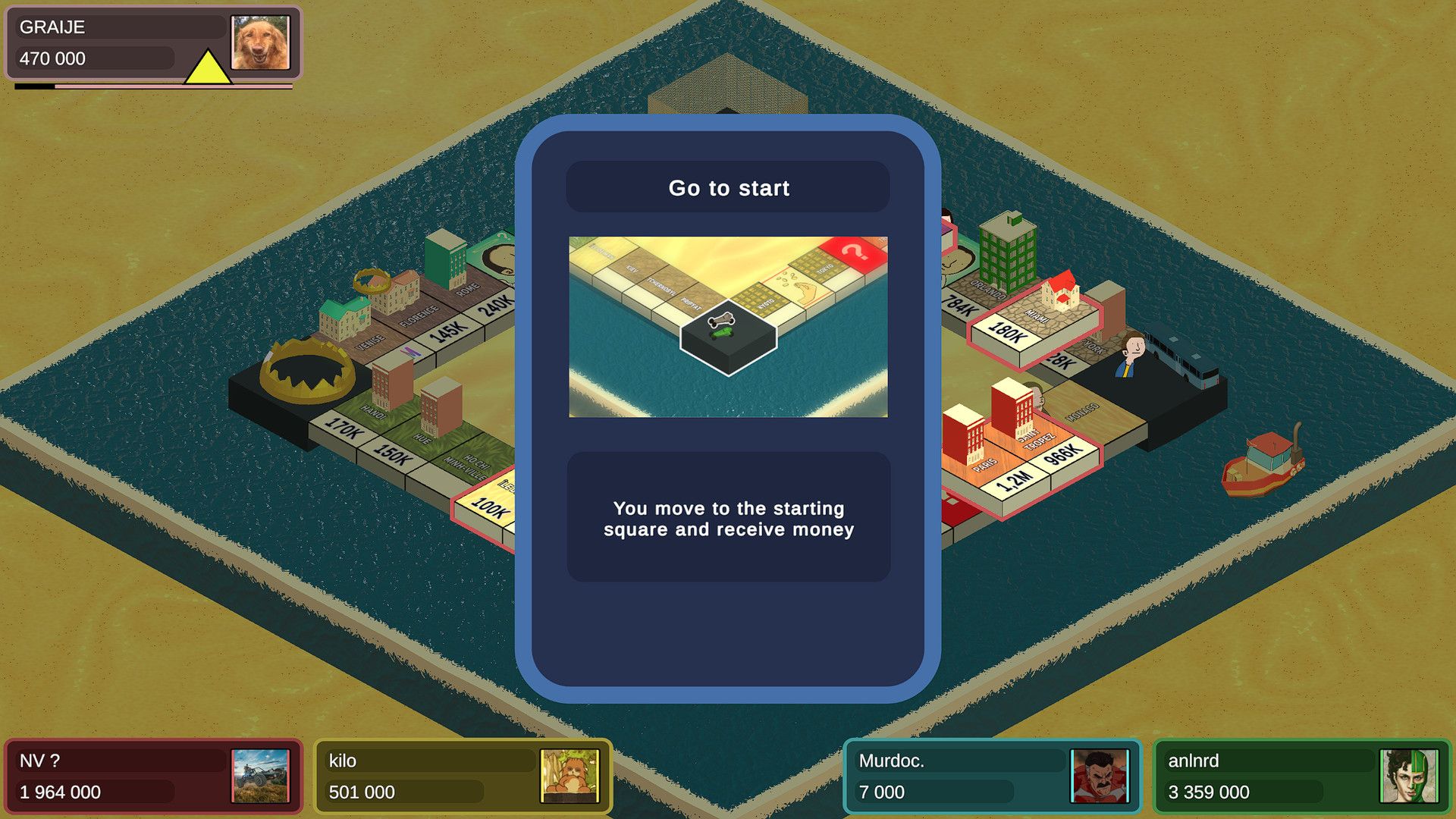 Tela de jogo de Gromopoli, mostrando propriedades e peças.