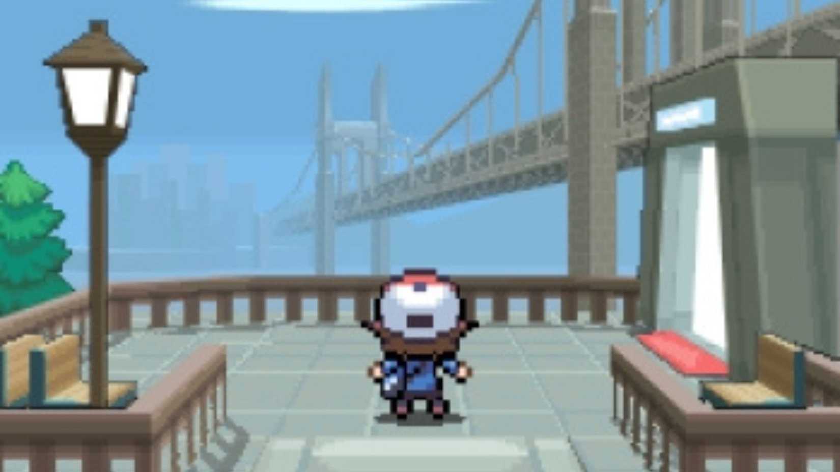 Hilbert looks at the Skyarrow Bridge - Pokemon Black And White