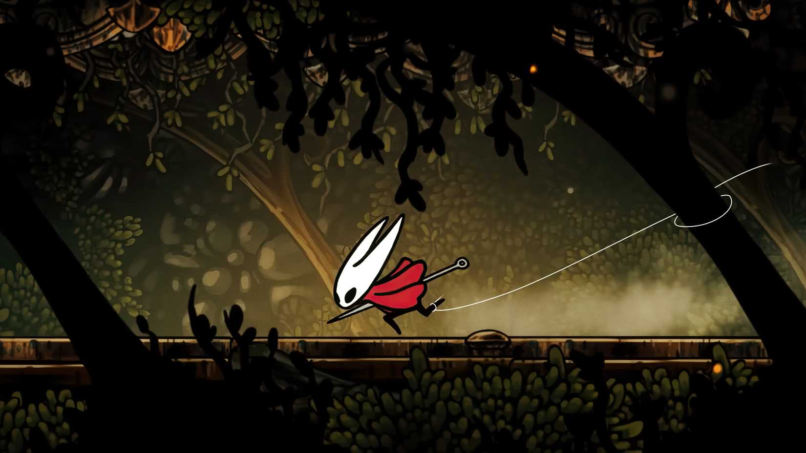 Cena de Hollow Knight: Silksong com foco em runbacks