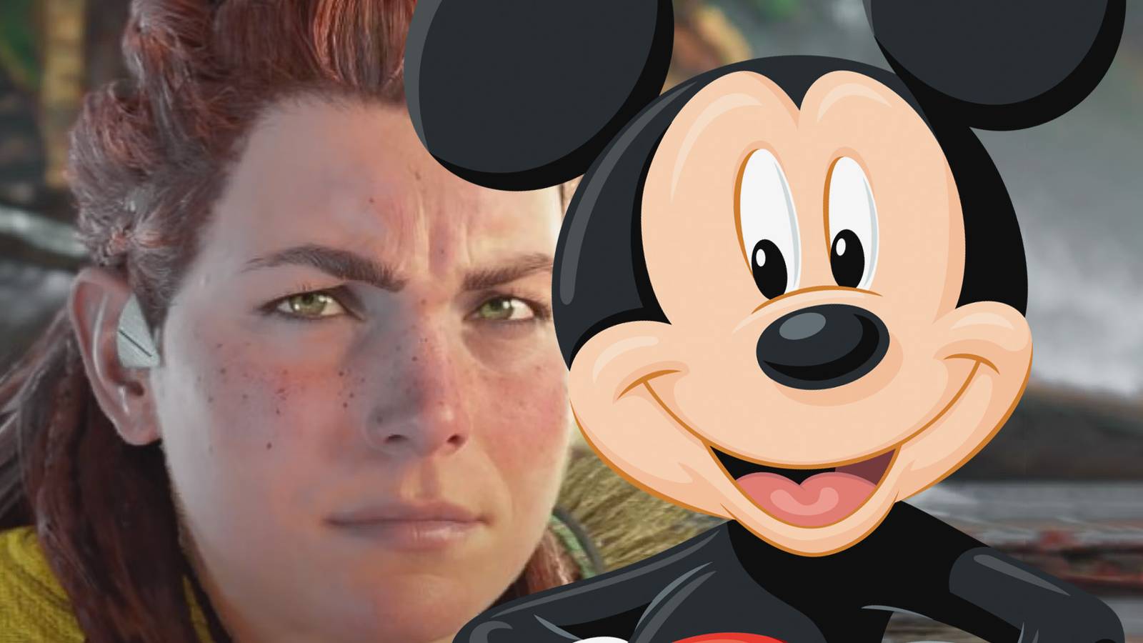 Horizon Aloy next to smiling Mickey Mouse composite
