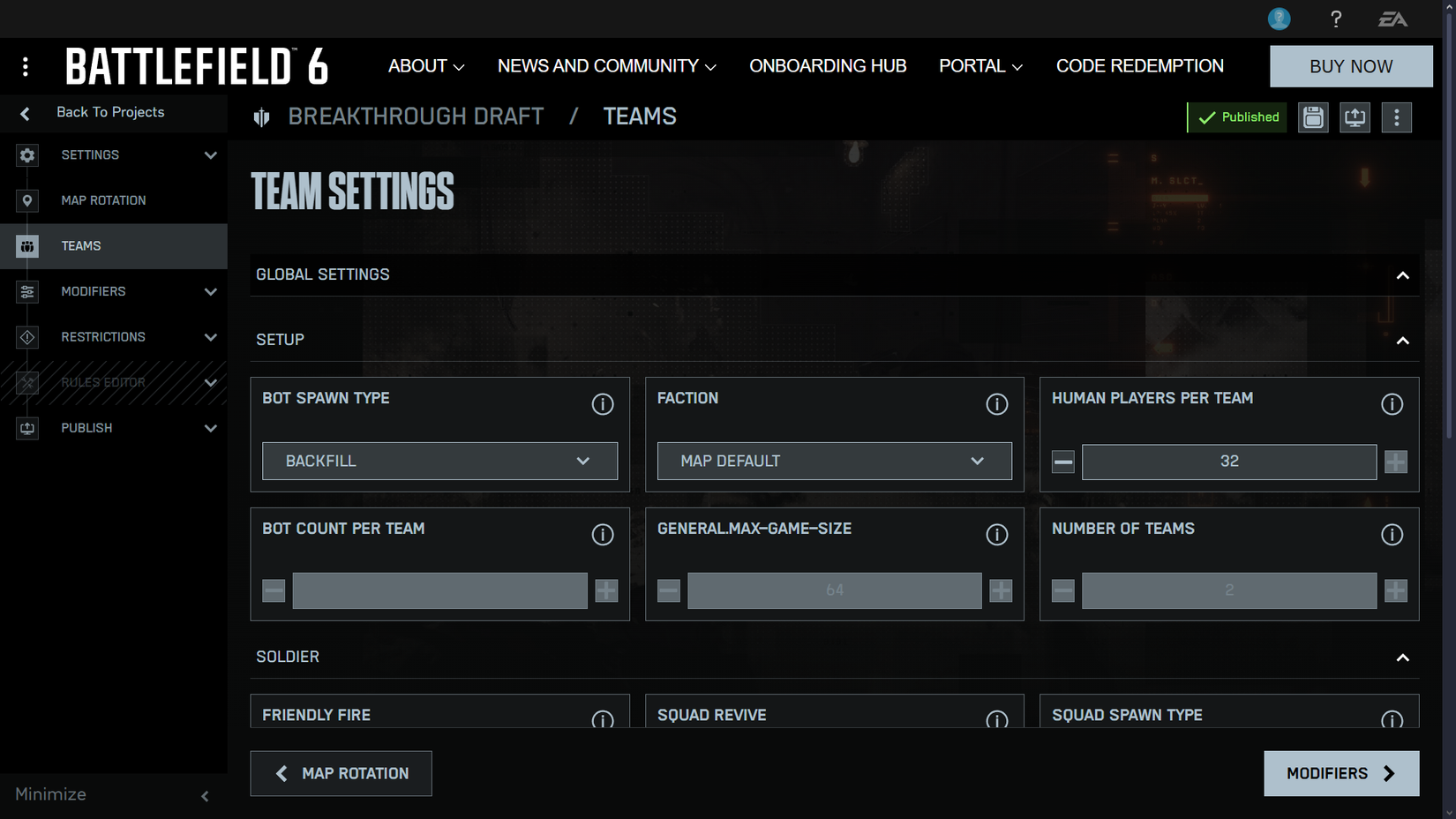 Tela de modificadores do BF6 Portal Web Builder Battlefield 6 Guia do Construtor de Portais – Dropraro