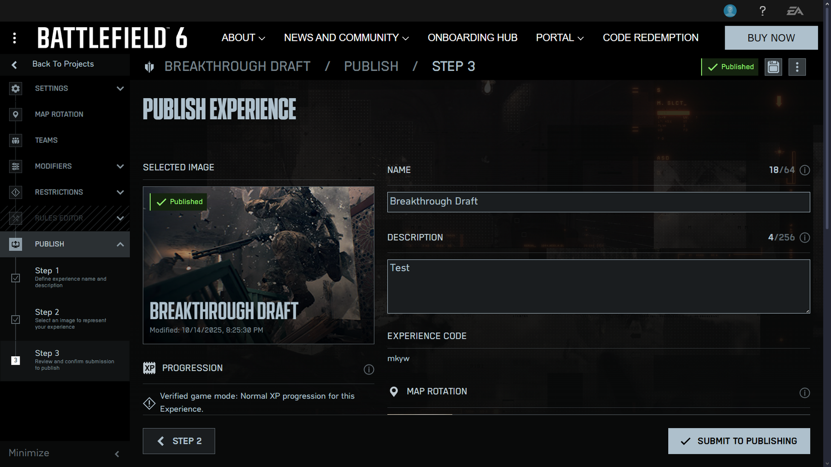 Página de publicação do BF6 Portal Web Builder Battlefield 6 Guia do Construtor de Portais – Dropraro