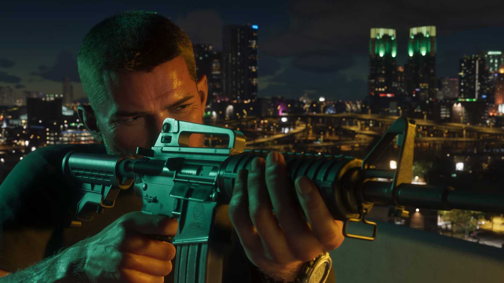 Jason com um rifle em Grand Theft Auto 6.