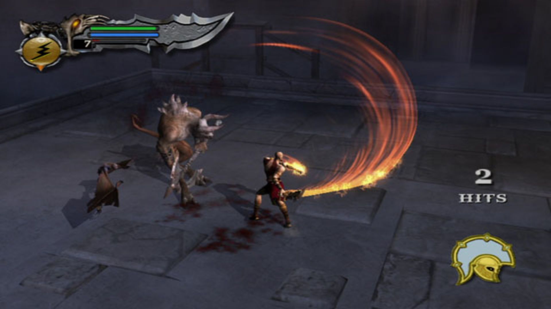 Kratos fighting a minotaur with his blades - God Of War