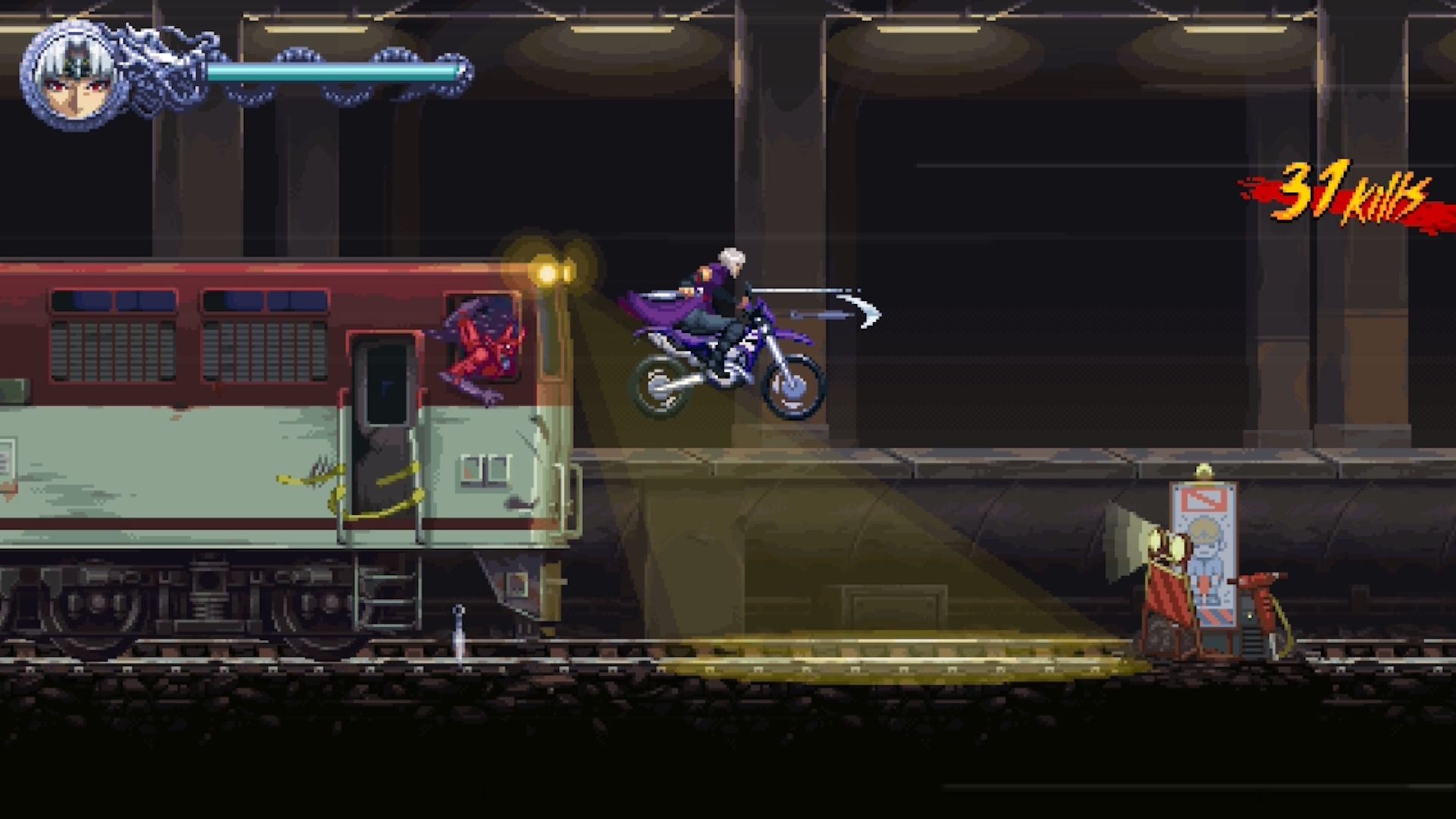 Kumori riding a motorcycle in Ninja Gaiden Ragebound