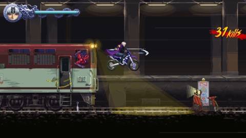 Kumori riding a motorcycle in Ninja Gaiden Ragebound