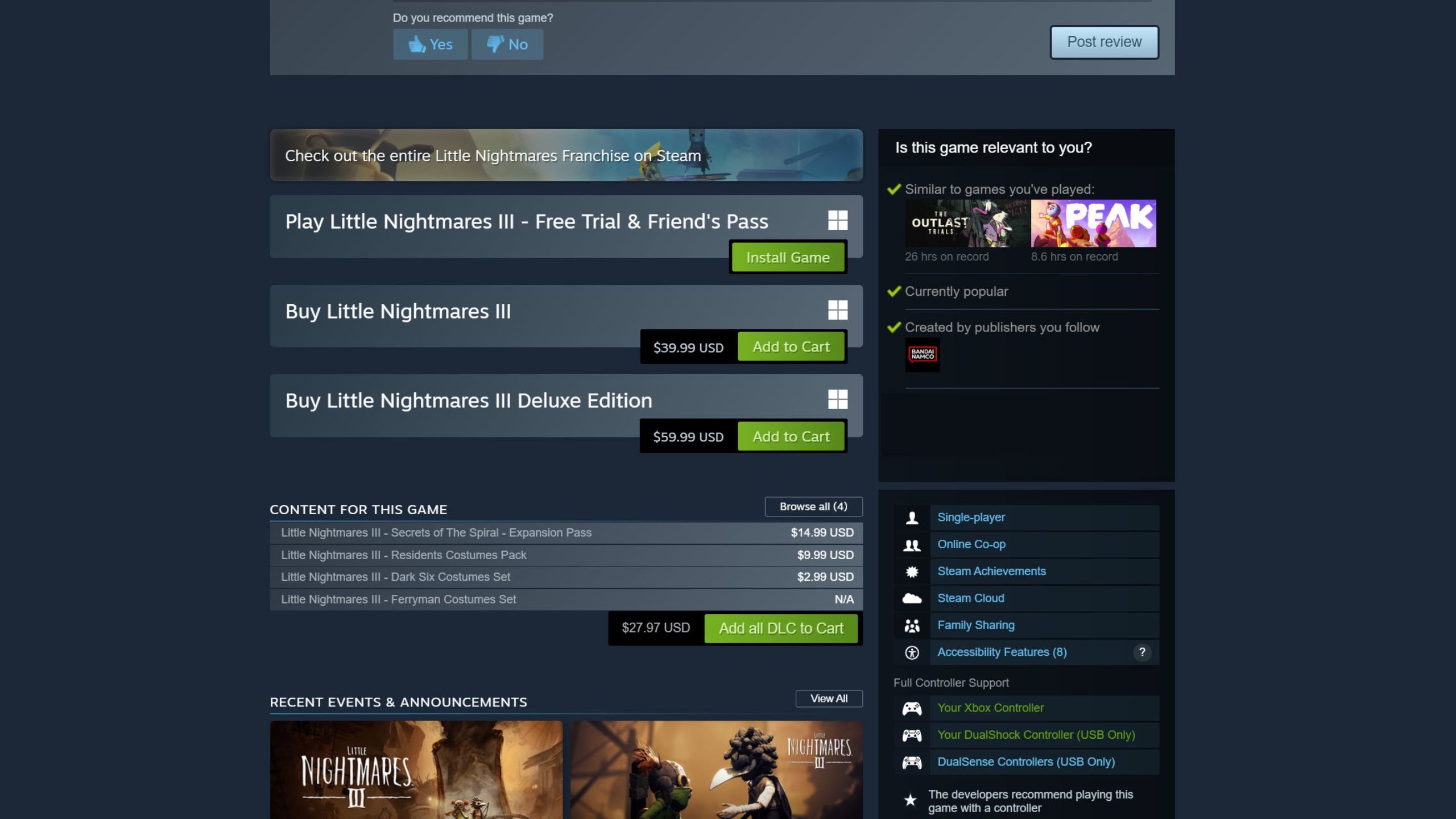 Little Nightmares 3 Friend's Pass Steam