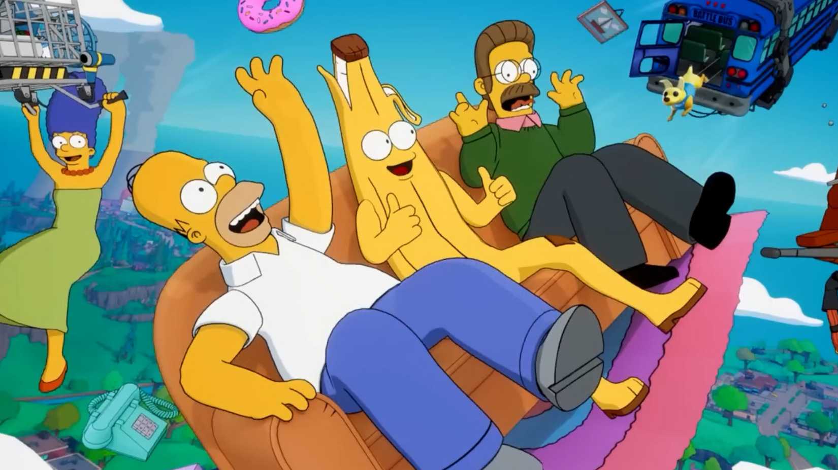 Marge, Homer, Peely e Ned na temporada de Os Simpsons em Fortnite
