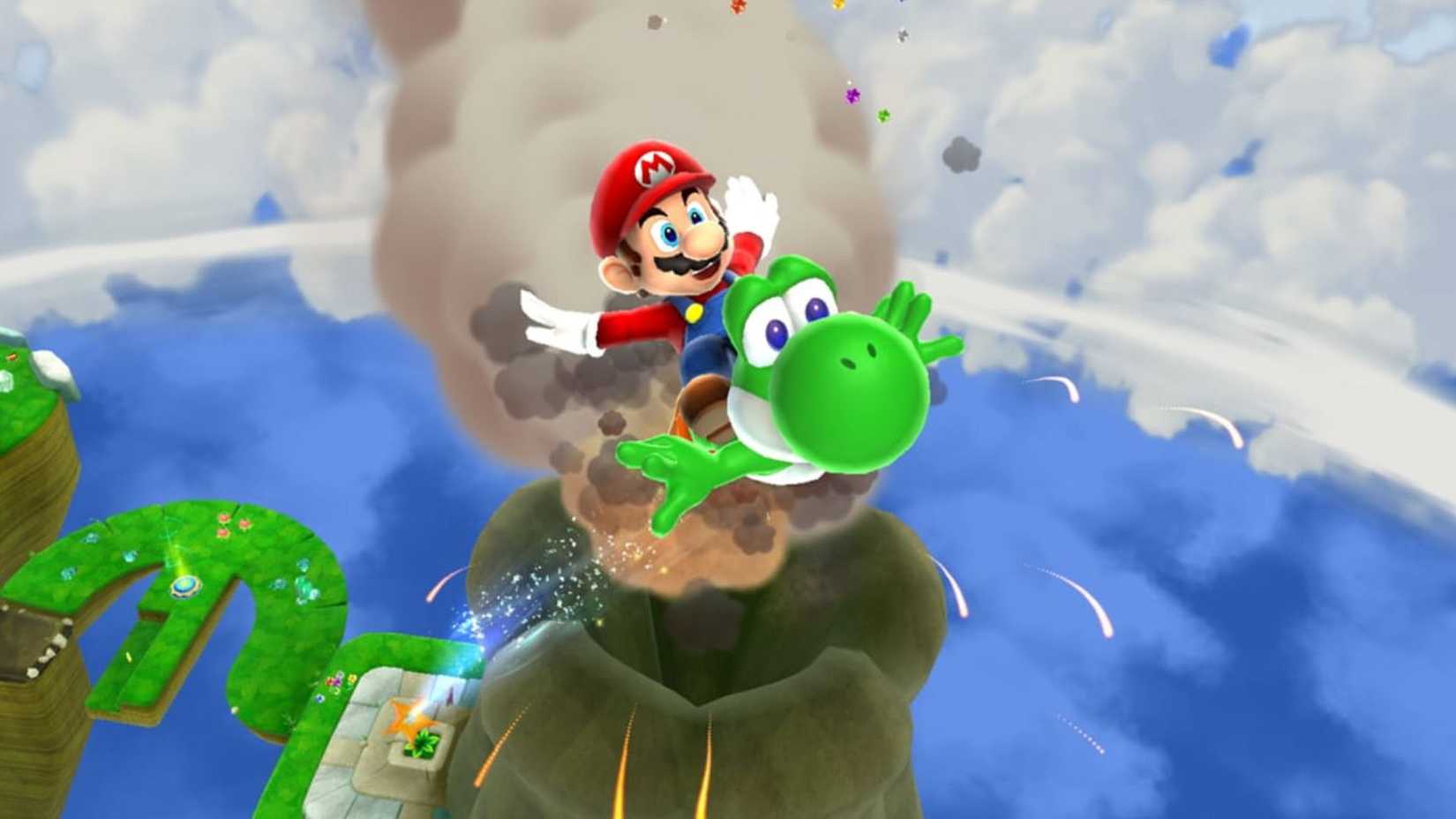 Mario e Yoshi se lançando ao céu em Super Mario Galaxy 2.