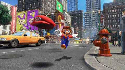 Mario exploring New Donky City in Super Mario Odyssey.