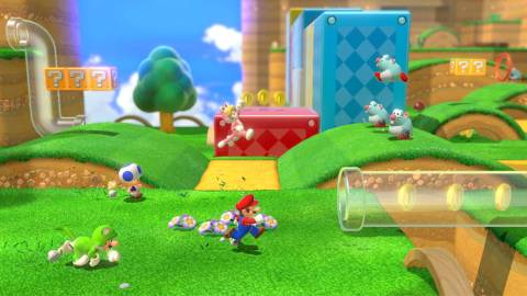 Mario, Luigi, Peach and Toad in the first level - Super Mario 3D World