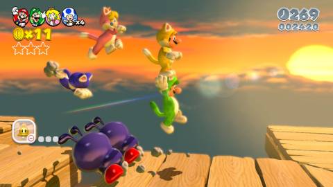 Mario, Luigi, Peach and Toad running and jumping in front of a sunset  - Super Mario 3D World