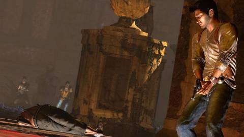 Nathan Drake taking cover from the enemies - Uncharted Drake's Fortune