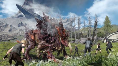 Noctis and his friends fighting a monster on the overworld - Final Fantasy 15