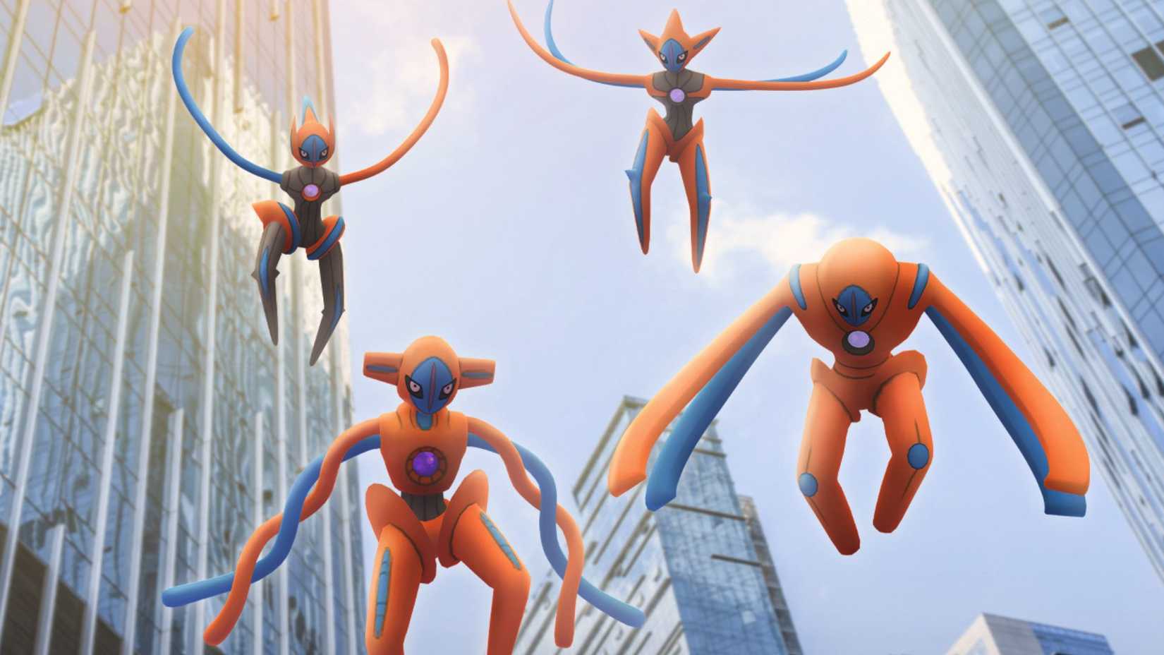 Official art of Deoxys' four forms, Speed, Attack, Normal and Defense - Pokemon GO