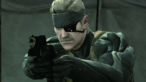 Old Snake pointing his gun in Metal Gear Solid 4.
