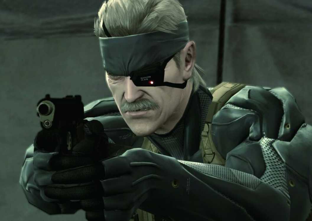 Old Snake pointing his gun in Metal Gear Solid 4.