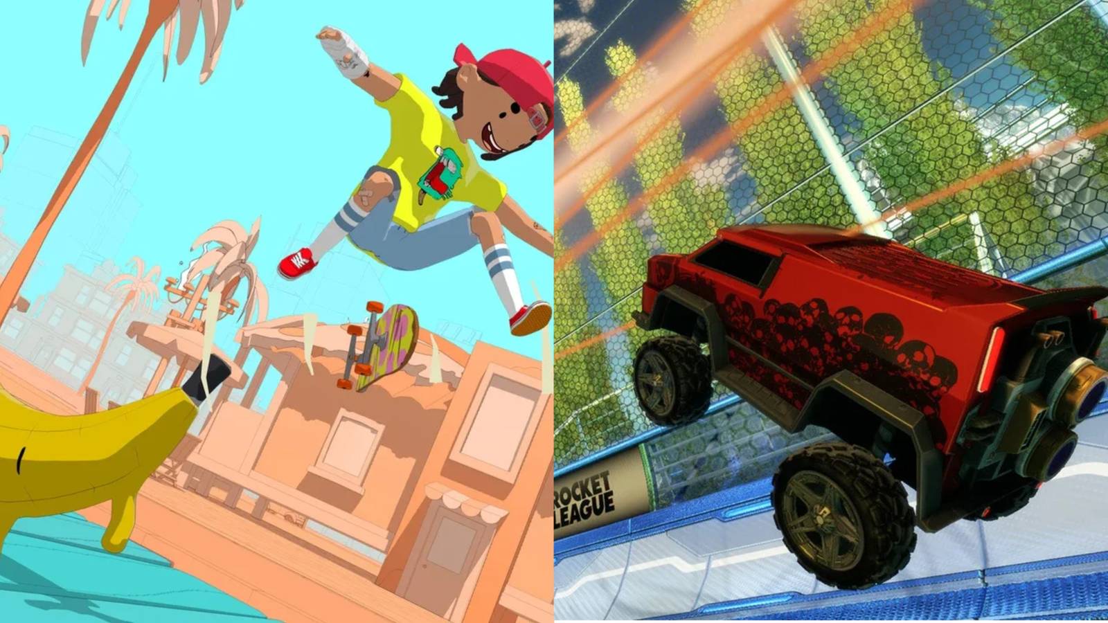 Character in OlliOlli World and Car Character Playing Soccer in Rocket League 
