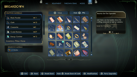 outer worlds 2 break down or sell junk items