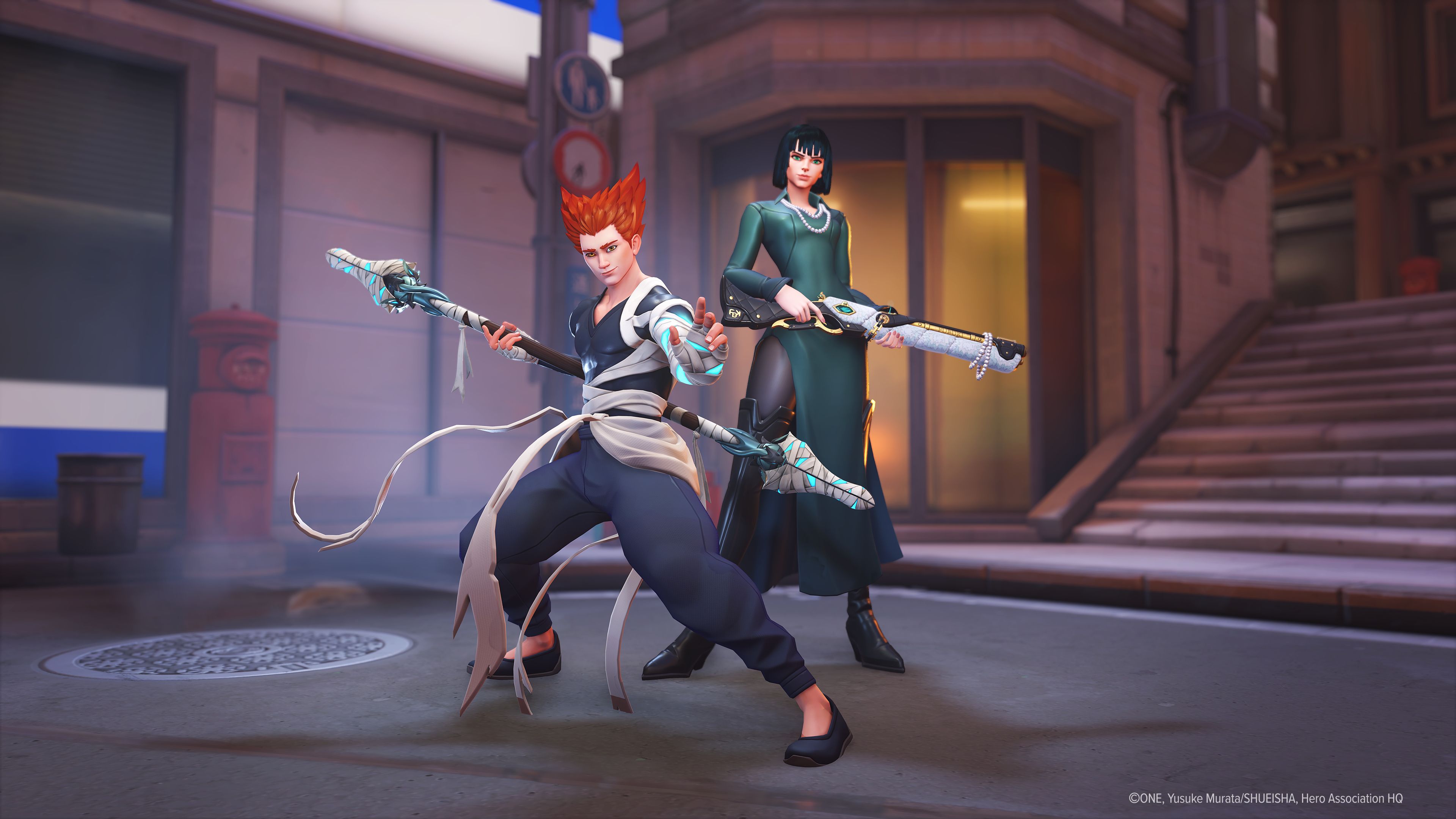 Visão geral das skins do crossover One Punch Man em Overwatch 2