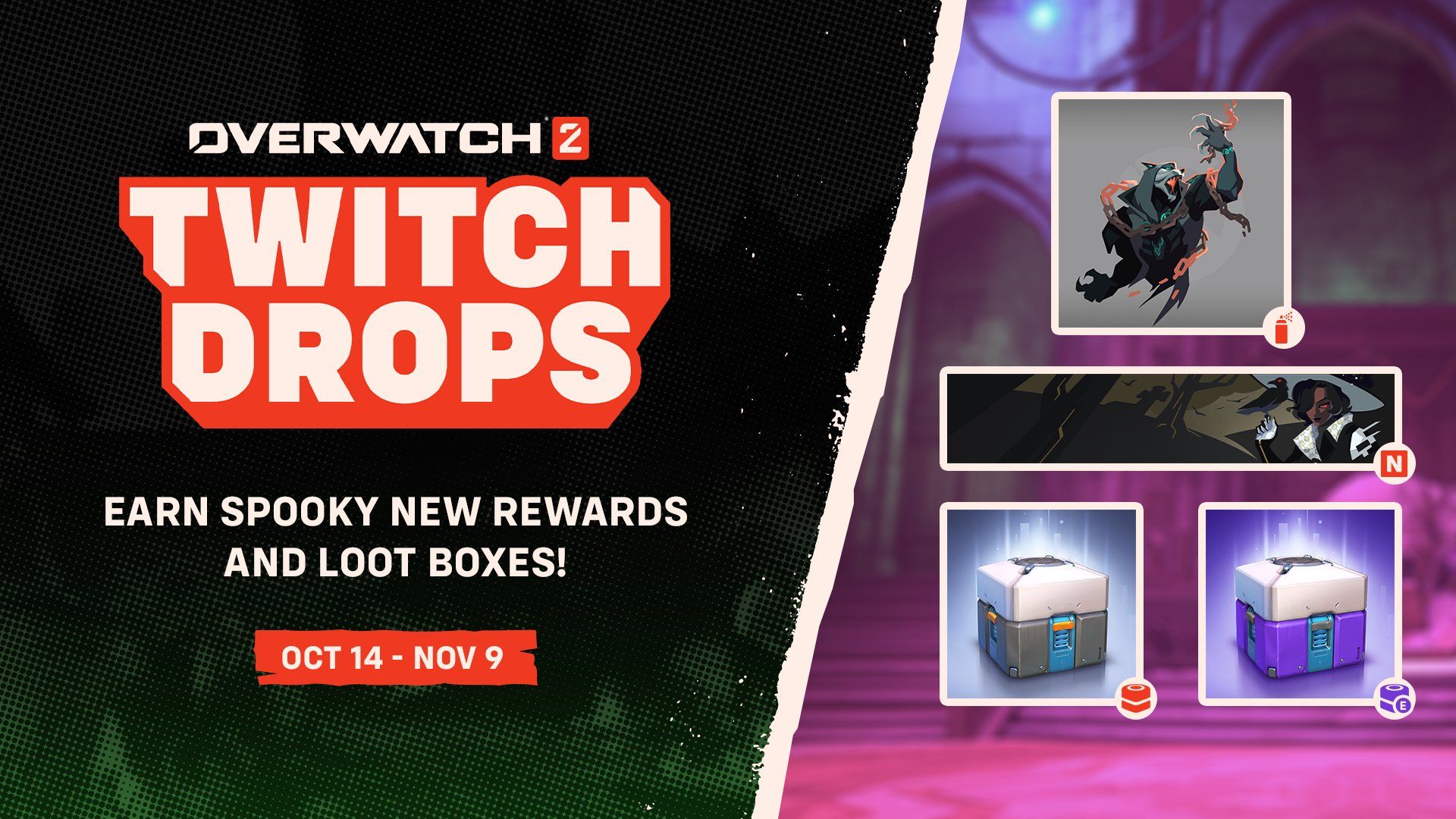 Arte promocional de Twitch Drops de Overwatch 2 com Sombra e Reaper