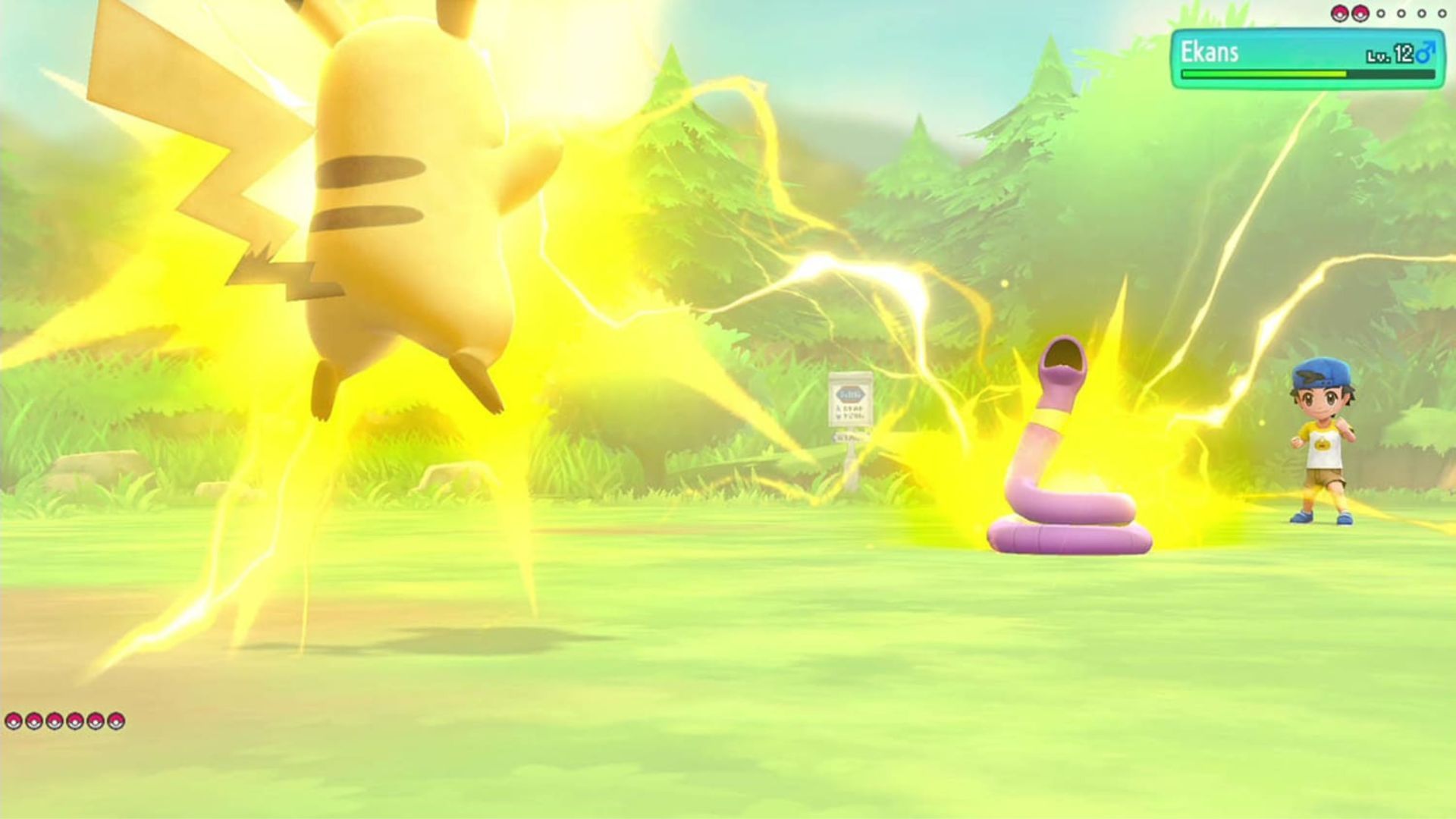 Partner Pikachu attacks an Ekans - Pokemon Let's Go Pikachu