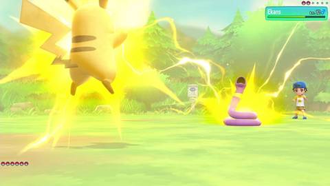 Partner Pikachu attacks an Ekans - Pokemon Let's Go Pikachu