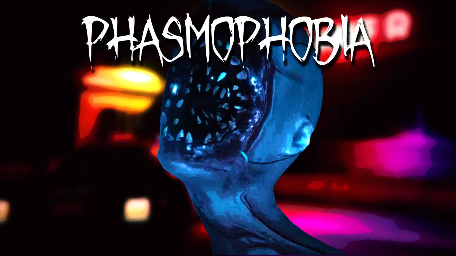 Phasmophobia ghost in front of blurred Nell's Diner map with game logo composite