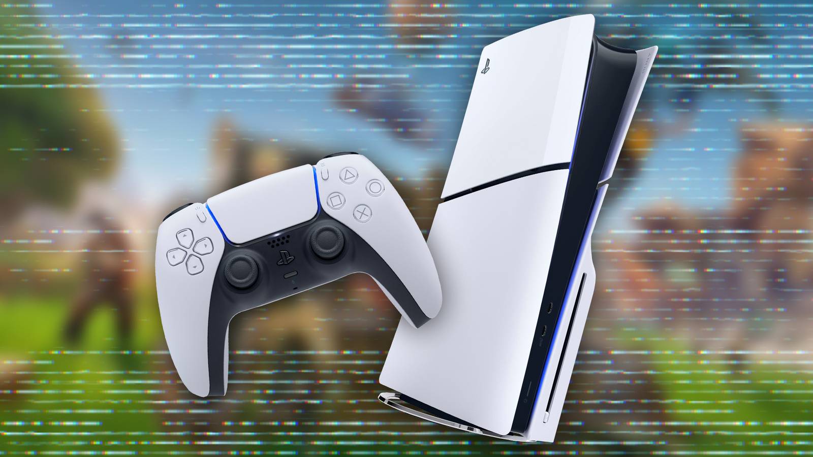 PlayStation 5 with controller over blurred Fortnite screenshot